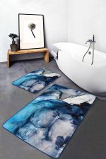 2'li Set Lacivert Zeminde Kanvas Motifli Boyama Desenli Sade & Şık Modern  2'li Banyo & Mutfak Paspas Takımı Realhomes
