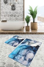 2'li Set Lacivert Zeminde Kanvas Motifli Boyama Desenli Sade & Şık Modern  2'li Banyo & Mutfak Paspas Takımı Realhomes
