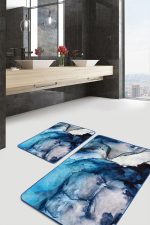 2'li Set Lacivert Zeminde Kanvas Motifli Boyama Desenli Sade & Şık Modern  2'li Banyo & Mutfak Paspas Takımı Realhomes