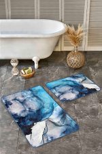 2'li Set Lacivert Zeminde Kanvas Motifli Boyama Desenli Sade & Şık Modern  2'li Banyo & Mutfak Paspas Takımı Realhomes