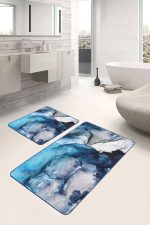 2'li Set Lacivert Zeminde Kanvas Motifli Boyama Desenli Sade & Şık Modern  2'li Banyo & Mutfak Paspas Takımı Realhomes