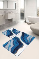 2'li Set Lacivert - Beyaz Zeminde Kanvas Motifli Boyama Desenli Modern Sade & Şık  2'li Banyo & Mutfak Paspas Takımı Realhomes