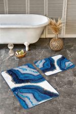 2'li Set Lacivert - Beyaz Zeminde Kanvas Motifli Boyama Desenli Modern Sade & Şık  2'li Banyo & Mutfak Paspas Takımı Realhomes