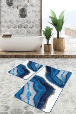 2'li Set Lacivert - Beyaz Zeminde Kanvas Motifli Boyama Desenli Modern Sade & Şık  2'li Banyo & Mutfak Paspas Takımı Realhomes