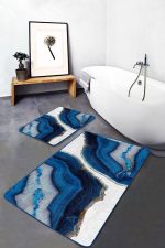 2'li Set Lacivert - Beyaz Zeminde Kanvas Motifli Boyama Desenli Modern Sade & Şık  2'li Banyo & Mutfak Paspas Takımı Realhomes