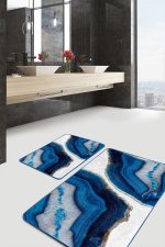 2'li Set Lacivert - Beyaz Zeminde Kanvas Motifli Boyama Desenli Modern Sade & Şık  2'li Banyo & Mutfak Paspas Takımı Realhomes