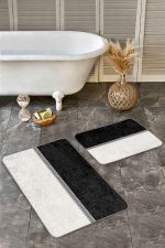 - Realhomes - Realhomes  2'li Set Siyah - Gold Zeminde Klasik Motifli Geometrik Desenli    2'li Banyo & Mutfak Paspas Takımı Realhomes
