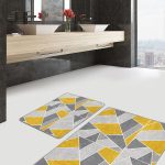 2'li Set Gri Zeminde Sulu Boya Motifli Modern Sanat Desenli Modern Geometrik  2'li Banyo & Mutfak Paspas Takımı Realhomes
