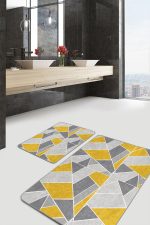 2'li Set Gri - Sarı Zeminde Klasik Motifli Geometrik Desenli Geometrik Klasik  2'li Banyo & Mutfak Paspas Takımı Realhomes