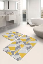 2'li Set Gri - Sarı Zeminde Klasik Motifli Geometrik Desenli Geometrik Klasik  2'li Banyo & Mutfak Paspas Takımı Realhomes