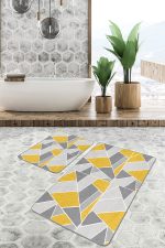 2'li Set Gri - Sarı Zeminde Klasik Motifli Geometrik Desenli Geometrik Klasik  2'li Banyo & Mutfak Paspas Takımı Realhomes