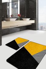 2'li Set Sarı - Siyah Zeminde Modern Motifli Geometrik Desenli Geometrik Sade & Şık  2'li Banyo & Mutfak Paspas Takımı Realhomes