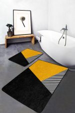 2'li Set Sarı - Siyah Zeminde Modern Motifli Geometrik Desenli Geometrik Sade & Şık  2'li Banyo & Mutfak Paspas Takımı Realhomes
