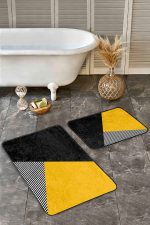 2'li Set Sarı - Siyah Zeminde Modern Motifli Geometrik Desenli Geometrik Sade & Şık  2'li Banyo & Mutfak Paspas Takımı Realhomes