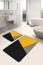 2'li Set Sarı - Siyah Zeminde Modern Motifli Geometrik Desenli Geometrik Sade & Şık  2'li Banyo & Mutfak Paspas Takımı Realhomes