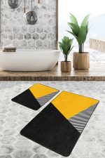 2'li Set Sarı - Siyah Zeminde Modern Motifli Geometrik Desenli Geometrik Sade & Şık  2'li Banyo & Mutfak Paspas Takımı Realhomes
