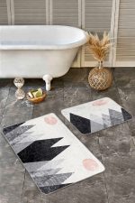 - Realhomes - Realhomes  2'li Set Gri - Beyaz Zeminde Kanvas Motifli Modern Desenli Bohem Sade & Şık  2'li Banyo & Mutfak Paspas Takımı Realhomes