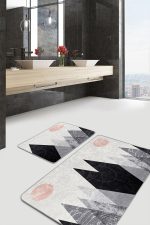 - PaspasTakimi-2li-Set1664-Gorsel-5 - Realhomes  2'li Set Gri - Beyaz Zeminde Kanvas Motifli Modern Desenli Bohem Sade & Şık  2'li Banyo & Mutfak Paspas Takımı Realhomes