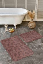 - Realhomes - Realhomes 2'li Set Kahverengi Zeminde Yaprak Motifli Eskitme Desenli Floral Sade & Şık 2'li Banyo & Mutfak Paspas Takımı Realhomes