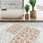 2'li Set Krem Zeminde Baklava Motifli Antik Desenli Geometrik Eskitme Motifli  2'li Banyo & Mutfak Paspas Takımı Realhomes