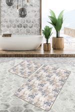 2'li Set Ekru - Gri Zeminde Floral Motifli Çiçek Desenli Floral Klasik  2'li Banyo & Mutfak Paspas Takımı Realhomes