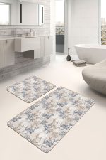 2'li Set Ekru - Gri Zeminde Floral Motifli Çiçek Desenli Floral Klasik  2'li Banyo & Mutfak Paspas Takımı Realhomes