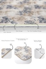 2'li Set Ekru - Gri Zeminde Floral Motifli Çiçek Desenli Floral Klasik  2'li Banyo & Mutfak Paspas Takımı Realhomes