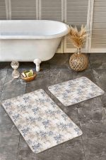 2'li Set Ekru - Gri Zeminde Floral Motifli Çiçek Desenli Floral Klasik  2'li Banyo & Mutfak Paspas Takımı Realhomes