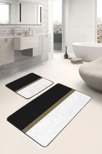 - PaspasTakimi-2li-Set1668-Gorsel - Realhomes 2'li Set Siyah - Gold Zeminde Geometrik Motifli Klasik Desenli Geometrik Sade & Şık 2'li Banyo & Mutfak Paspas Takımı Realhomes