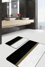 - PaspasTakimi-2li-Set1668-Gorsel-4 - Realhomes 2'li Set Siyah - Gold Zeminde Geometrik Motifli Klasik Desenli Geometrik Sade & Şık 2'li Banyo & Mutfak Paspas Takımı Realhomes