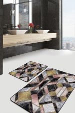 - PaspasTakimi-2li-Set1670-Gorsel-1 - Realhomes 2'li Set Abstract Zeminde Modern Motifli Mermer Desenli Geometrik Modern 2'li Banyo & Mutfak Paspas Takımı Realhomes