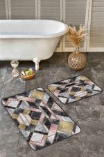 - Realhomes - Realhomes 2'li Set Abstract Zeminde Modern Motifli Mermer Desenli Geometrik Modern 2'li Banyo & Mutfak Paspas Takımı Realhomes