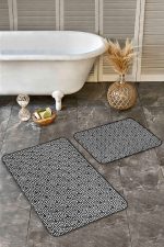 - Realhomes - Realhomes  2'li Set Siyah Beyaz Zeminde Geometrik Motifli Mozaik Desenli Geometrik Sade & Şık  2'li Banyo & Mutfak Paspas Takımı Realhomes