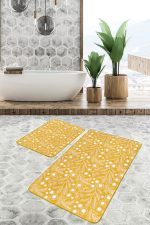 2'li Set Sarı Zeminde Çiçek ve Yaprak Motifli Floral Desenli Floral Klasik  2'li Banyo & Mutfak Paspas Takımı Realhomes