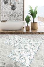 2'li Set Beyaz - Mavi Zeminde Sulu Boya Motifli Çiçek Desenli    2'li Banyo & Mutfak Paspas Takımı Realhomes