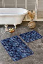 2'li Set Lacivert Zeminde Ogea Motifli Geometrik Desenli Geometrik Modern  2'li Banyo & Mutfak Paspas Takımı Realhomes