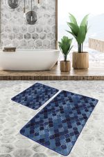 2'li Set Lacivert Zeminde Ogea Motifli Geometrik Desenli Geometrik Modern  2'li Banyo & Mutfak Paspas Takımı Realhomes