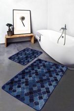 2'li Set Lacivert Zeminde Ogea Motifli Geometrik Desenli Geometrik Modern  2'li Banyo & Mutfak Paspas Takımı Realhomes