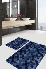 2'li Set Lacivert Zeminde Ogea Motifli Geometrik Desenli Geometrik Modern  2'li Banyo & Mutfak Paspas Takımı Realhomes