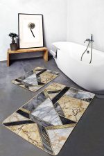 - PaspasTakimi-2li-Set1676-Gorsel-1 - Realhomes 2'li Set Gold - Siyah Zeminde Modern Motifli Mermer Desenli Geometrik Modern 2'li Banyo & Mutfak Paspas Takımı Realhomes