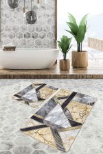 - PaspasTakimi-2li-Set1676-Gorsel - Realhomes 2'li Set Gold - Siyah Zeminde Modern Motifli Mermer Desenli Geometrik Modern 2'li Banyo & Mutfak Paspas Takımı Realhomes