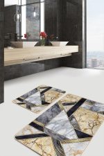 - PaspasTakimi-2li-Set1676-Gorsel-2 - Realhomes 2'li Set Gold - Siyah Zeminde Modern Motifli Mermer Desenli Geometrik Modern 2'li Banyo & Mutfak Paspas Takımı Realhomes