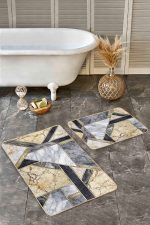 - Realhomes - Realhomes 2'li Set Gold - Siyah Zeminde Modern Motifli Mermer Desenli Geometrik Modern 2'li Banyo & Mutfak Paspas Takımı Realhomes