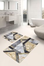 - PaspasTakimi-2li-Set1676-Gorsel-5 - Realhomes 2'li Set Gold - Siyah Zeminde Modern Motifli Mermer Desenli Geometrik Modern 2'li Banyo & Mutfak Paspas Takımı Realhomes