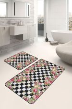 - PaspasTakimi-2li-Set1677-Gorsel - Realhomes  2'li Set Damalı Zeminde Damask Motifli Çiçek Desenli Floral Geometrik  2'li Banyo & Mutfak Paspas Takımı Realhomes