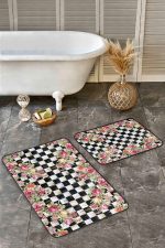 - Realhomes - Realhomes  2'li Set Damalı Zeminde Damask Motifli Çiçek Desenli Floral Geometrik  2'li Banyo & Mutfak Paspas Takımı Realhomes