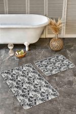 - Realhomes - Realhomes 2'li Set Gri Zeminde Tropik Motifli Yaprak Desenli Floral Summer & Fresh 2'li Banyo & Mutfak Paspas Takımı Realhomes
