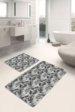 - PaspasTakimi-2li-Set1681-Gorsel-2 - Realhomes 2'li Set Gri Zeminde Tropik Motifli Yaprak Desenli Floral Summer & Fresh 2'li Banyo & Mutfak Paspas Takımı Realhomes