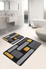 - PaspasTakimi-2li-Set1682-Gorsel-1 - Realhomes 2'li Set Gold - Siyah Zeminde Kanvas Motifli Gold Desenli Modern Sade & Şık 2'li Banyo & Mutfak Paspas Takımı Realhomes