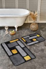 - Realhomes - Realhomes 2'li Set Gold - Siyah Zeminde Kanvas Motifli Gold Desenli Modern Sade & Şık 2'li Banyo & Mutfak Paspas Takımı Realhomes